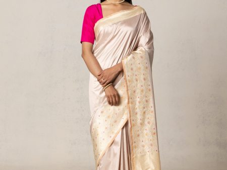 Off-White-Pink Pure Katan Silk Banarasi Handloom Saree Online now