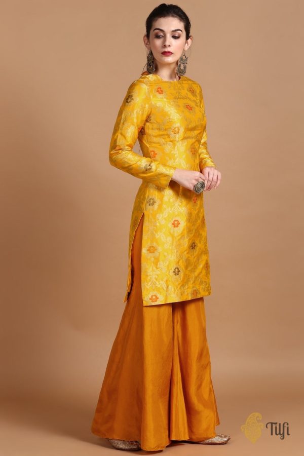 Marigold Yellow Pure Katan Silk Kadwa Jangla Handloom Suit Set For Cheap