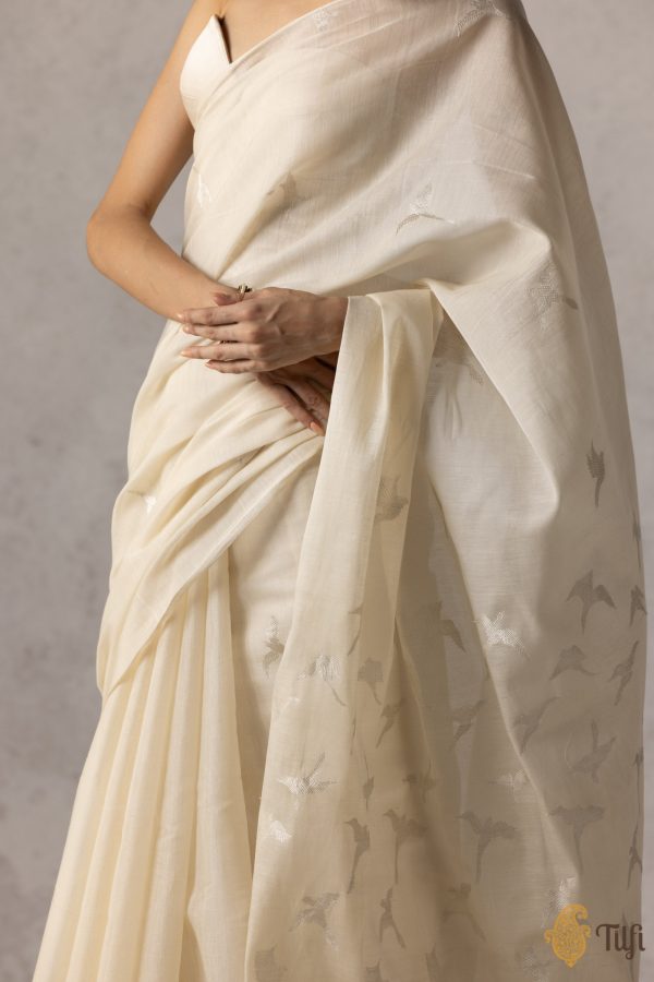 Off White Pure Kora By Cotton Satin Banarasi Handloom Saree Sale