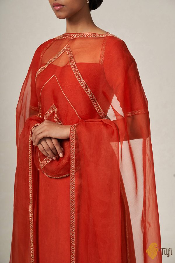 Kaumari  Rust Red Pure Handloom Silk Brocade Suit Set Online Sale