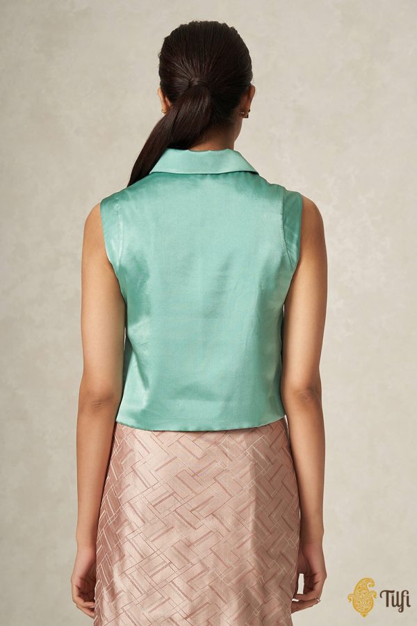 Turquoise Pure Satin Silk Shirt Style Collared Button Down Blouse Online now