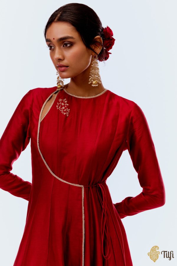 Red Hand-Embroidered Pure Silk Anarkali Churidar Suit Set on Sale