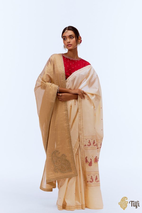 Gold Hand-Embroidered Pure Handwoven Tissue Silk Signature Odhani For Cheap