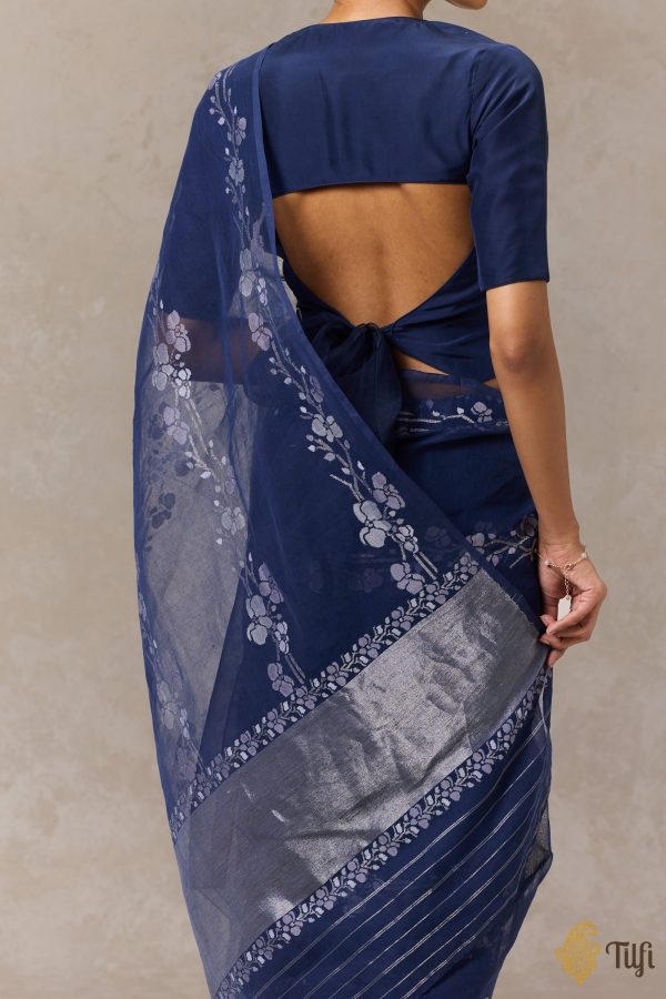 Aki  Navy Blue Pure Cotton Jamdani Real Zari Banarasi Handloom Saree Online Hot Sale