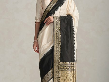 Cream-Black Pure Katan Silk Banarasi Handloom Saree Fashion