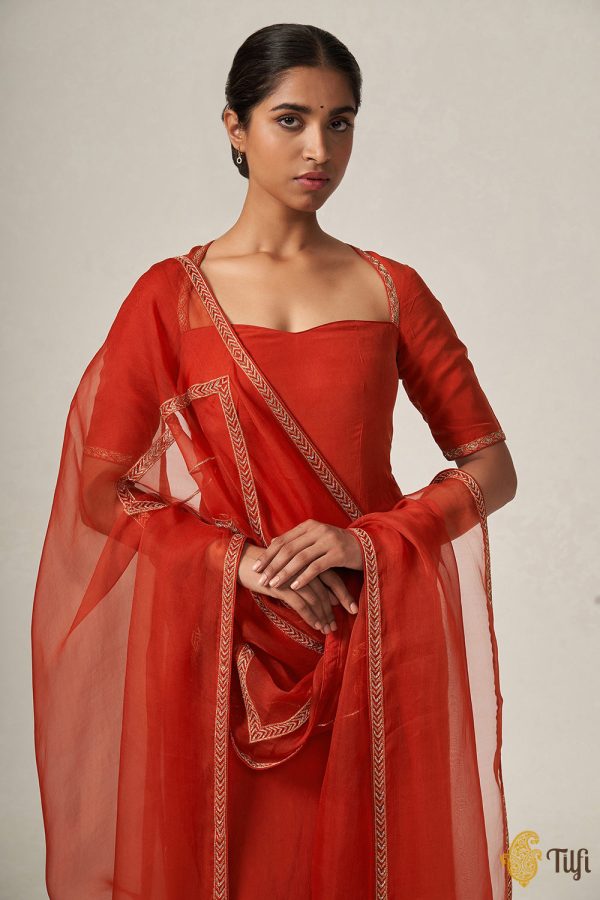 Kaumari  Rust Red Pure Handloom Silk Brocade Suit Set Online Sale