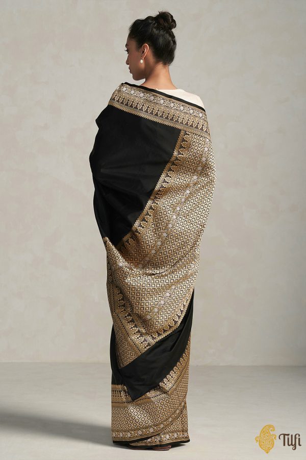 Uma  Black Pure Soft Satin Silk Banarasi Handloom Saree Sale