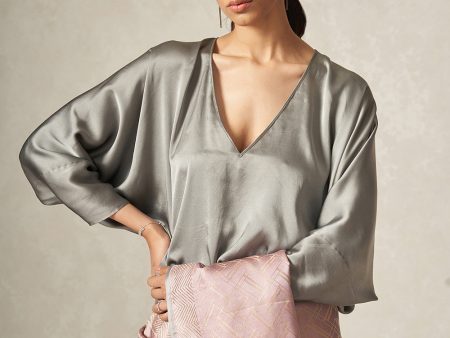 Ash Grey Pure Satin Silk V-neck Loose Fit Blouse Sale