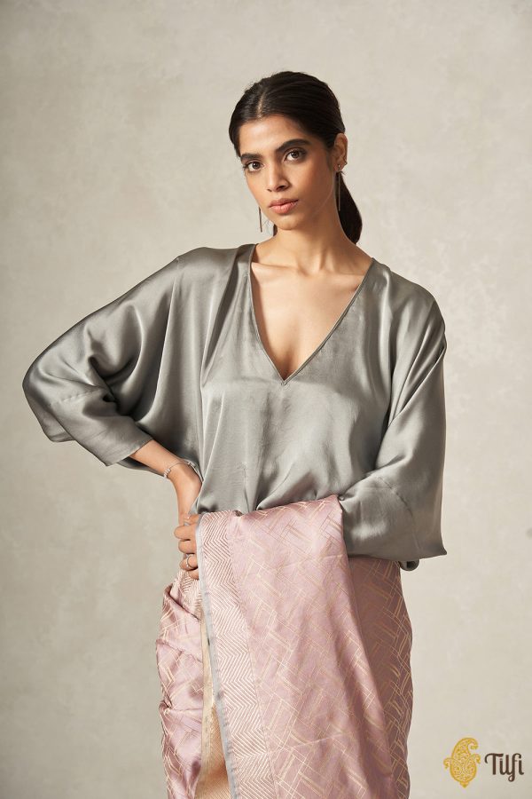 Ash Grey Pure Satin Silk V-neck Loose Fit Blouse Sale