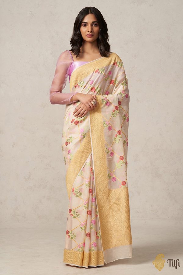 Off-white Pure Khaddi Georgette Banarasi Handloom Saree Online now