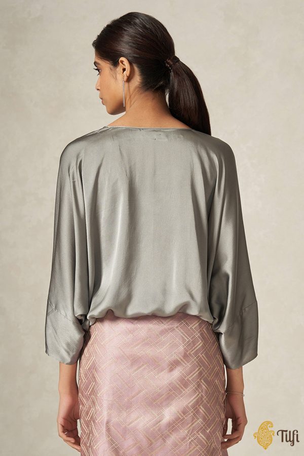 Ash Grey Pure Satin Silk V-neck Loose Fit Blouse Sale