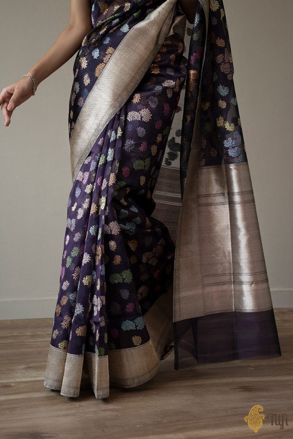 A Floral Treat  Deep Purple-Blue Pure Kora Silk Banarasi Handloom Saree For Discount