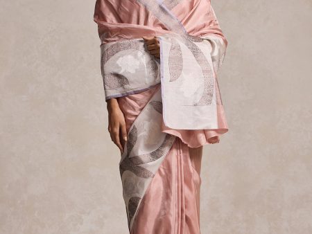 Zuhra  Pastel Pink-White Pure Ektara Silk Tissue Banarasi Handloom Saree For Sale