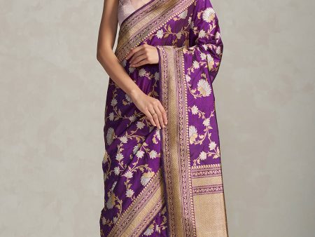 Menaka  Deep Purple Pure Katan Silk Banarasi Handloom Saree For Sale