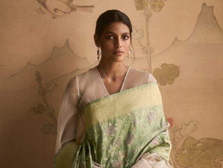 The China Rose  Sage Green Pure Katan Silk Banarasi Handloom Saree Sale