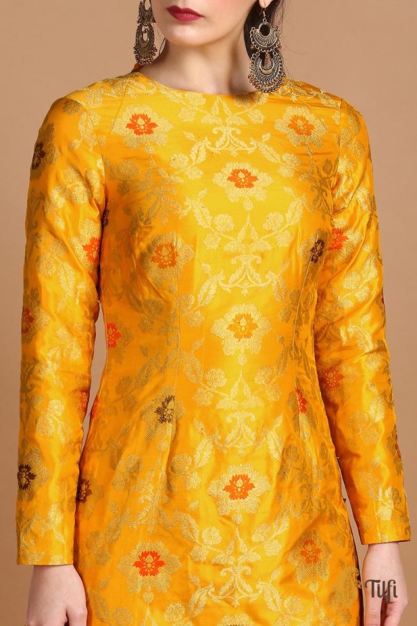 Marigold Yellow Pure Katan Silk Kadwa Jangla Handloom Suit Set For Cheap