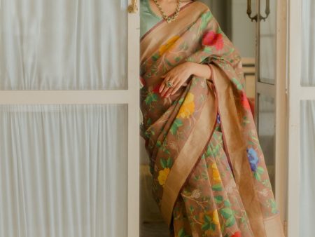 Ramya  Light Brown Pure Cotton Jamdani Real Zari Banarasi Handloom Saree Online