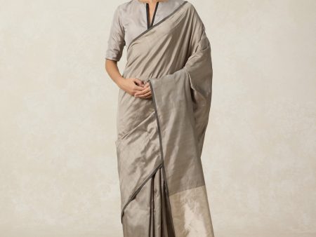 Symphony  Grey-Beige Pure Silk Twill Banarasi Handloom Saree For Sale