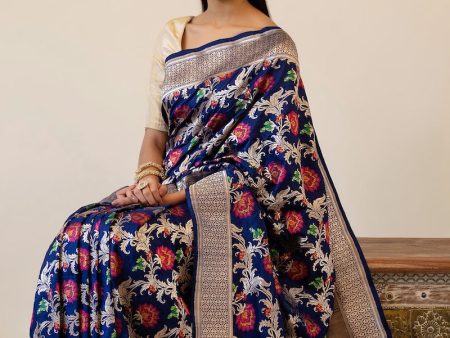 A Baroque Dream  Navy Blue Pure Katan Silk Banarasi Handloom Saree Sale