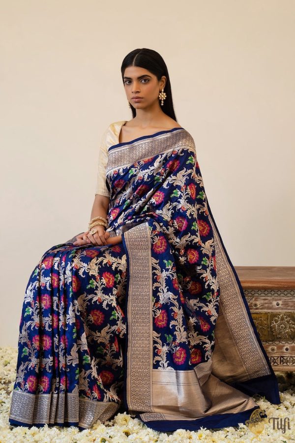 A Baroque Dream  Navy Blue Pure Katan Silk Banarasi Handloom Saree Sale