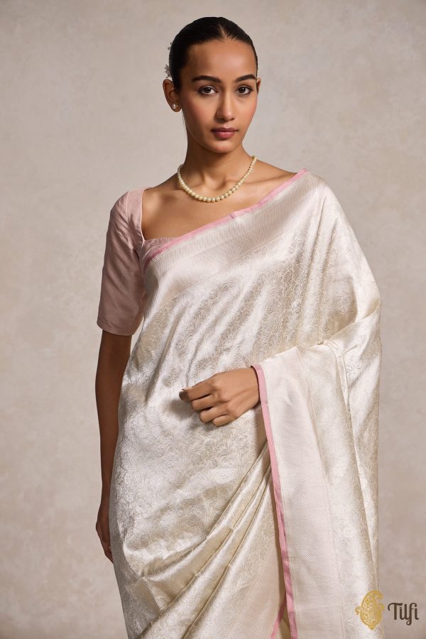 Pre-Order: White Pure Katan Silk Banarasi Handloom Saree Cheap