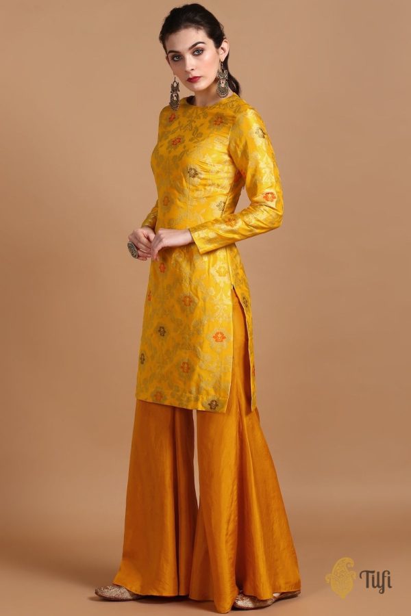 Marigold Yellow Pure Katan Silk Kadwa Jangla Handloom Suit Set For Cheap