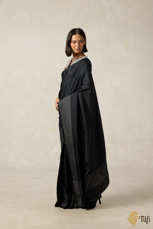 Nocturne  Black Pure Silk Twill Banarasi Handloom Saree For Sale