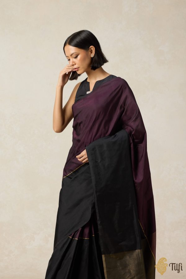 Pre-Order:  Serenade  Plum Purple-Black Pure Silk Twill Banarasi Handloom Saree Online now