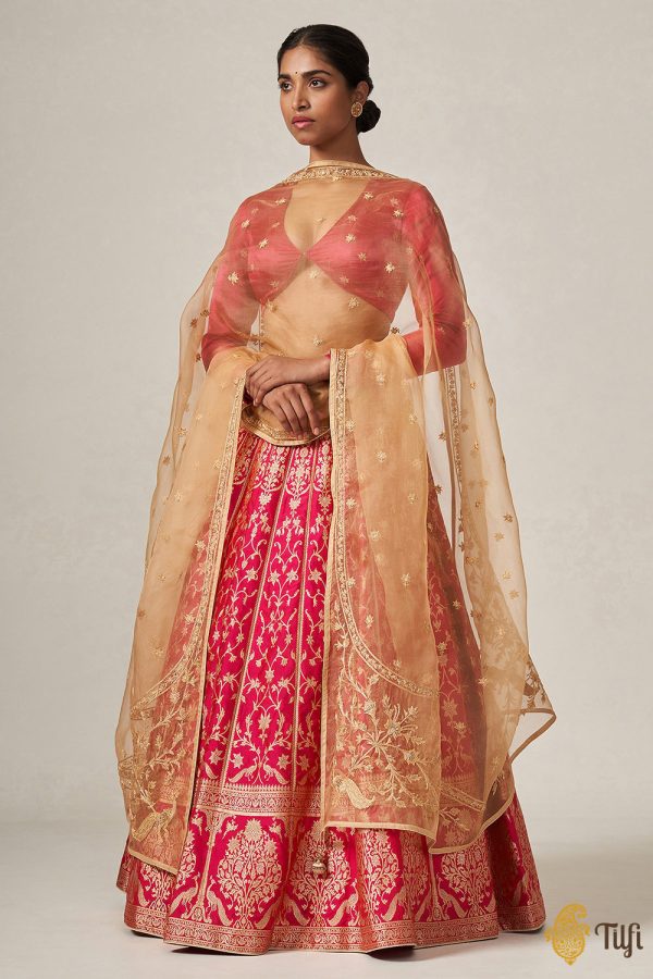 Indira  Red-Rani Pink Pure Katan Silk Banarasi Handloom Lehenga Set on Sale