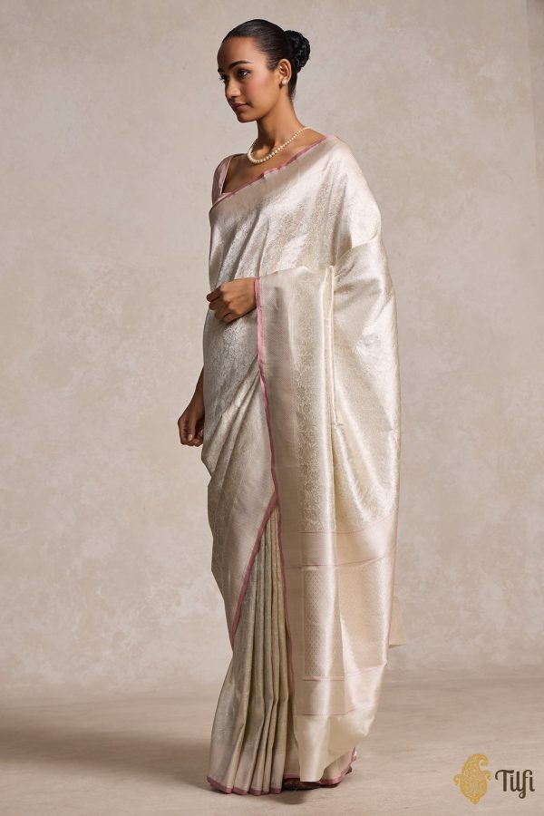 Pre-Order: White Pure Katan Silk Banarasi Handloom Saree Cheap