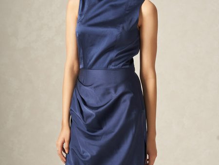 Dark Blue Pure Satin Silk Dress with Drape Detailing For Cheap