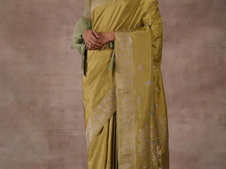 Sweet Osmanthus  Green Pure Katan Silk Banarasi Handloom Saree For Cheap