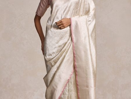 Pre-Order: White Pure Katan Silk Banarasi Handloom Saree Cheap