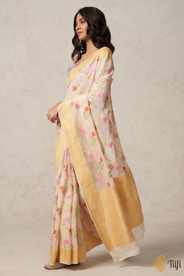 Off-white Pure Khaddi Georgette Banarasi Handloom Saree Online now