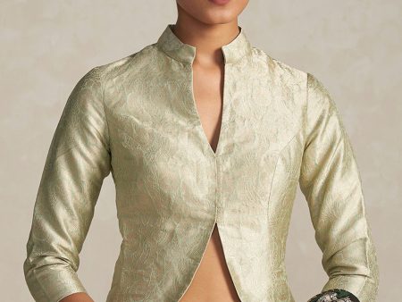 Green Pure Katan Silk Handloom Banarasi Jacket Blouse Supply