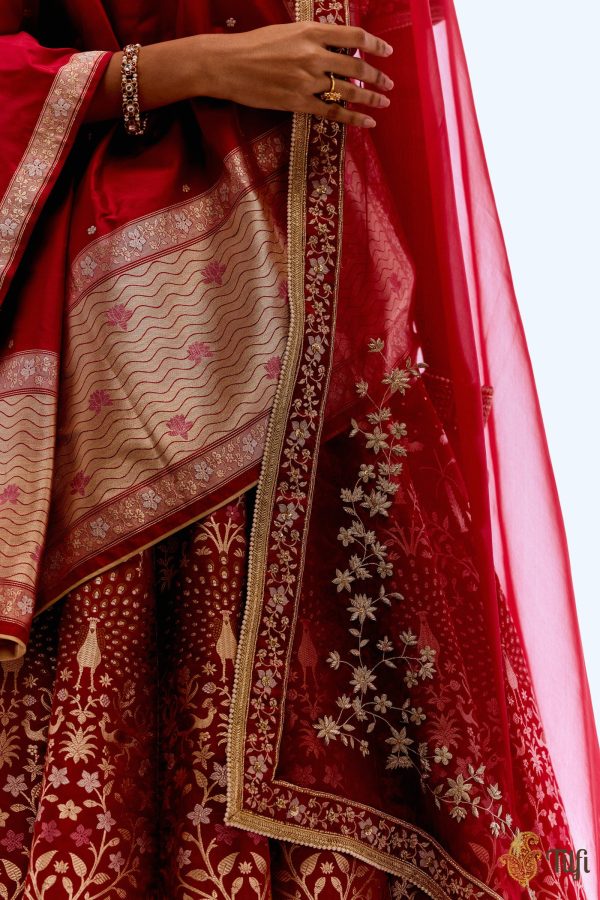 Anandvan  Red Pure Satin Silk Banarasi Handloom Lehenga Set Hot on Sale