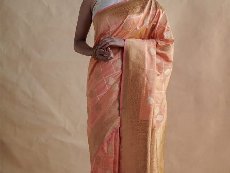 Yellow-Peach Pure Katan Silk Banarasi Handloom Saree For Sale