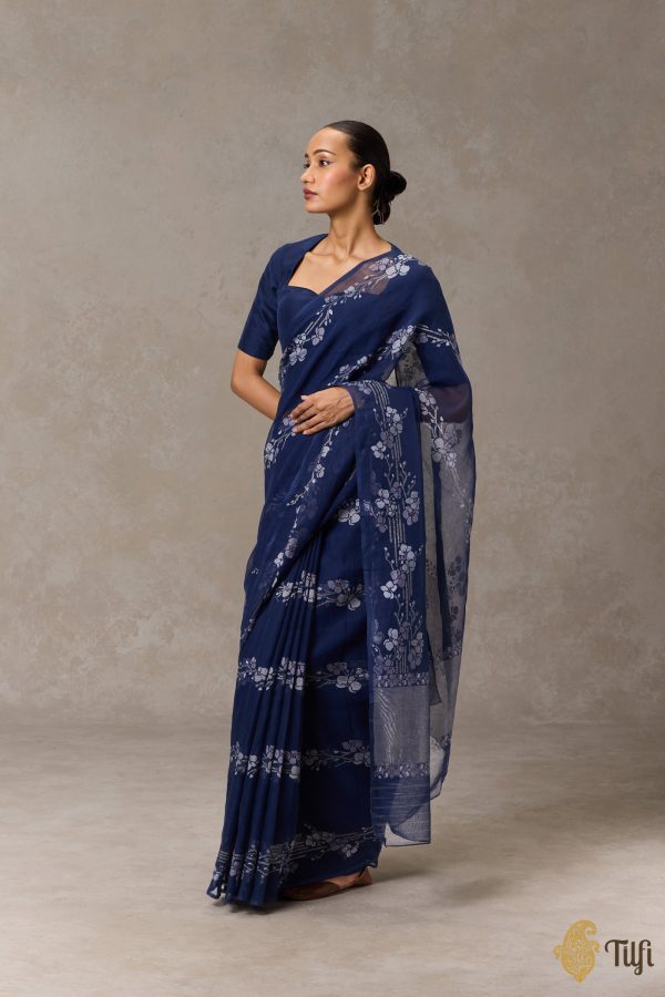 Aki  Navy Blue Pure Cotton Jamdani Real Zari Banarasi Handloom Saree Online Hot Sale