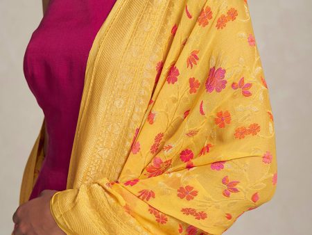 Yellow Pure Khaddi Georgette Banarasi Handloom Dupatta on Sale