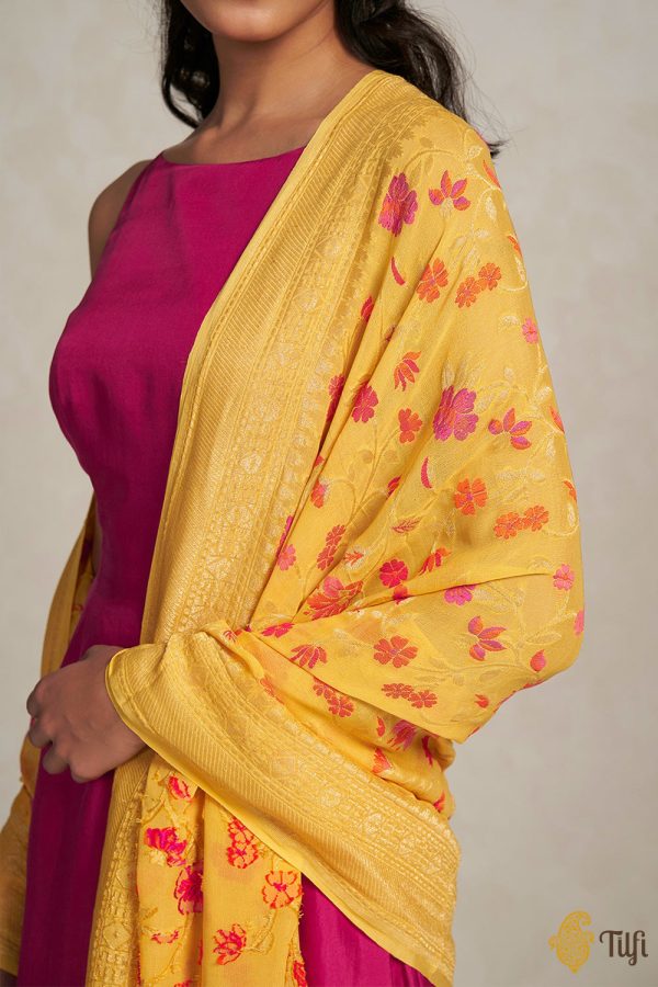 Yellow Pure Khaddi Georgette Banarasi Handloom Dupatta on Sale