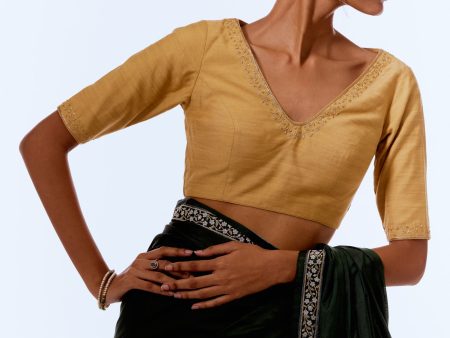 Yellow Gold Hand-embroidered Pure Silk Blouse Online Hot Sale