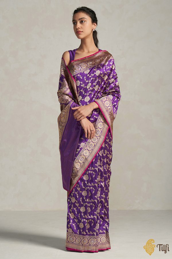 Arya  Purple Pure Katan Silk Banarasi Handloom Saree For Cheap