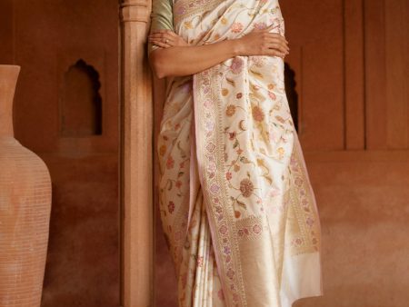 Pre-Order:  Vedha  Off-White Pure Katan Silk Banarasi Handloom Saree Online now