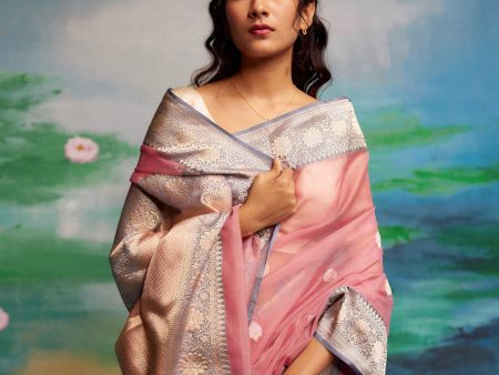 Ashada  Pink-Blue Pure Kora Silk Banarasi Handloom Saree Cheap