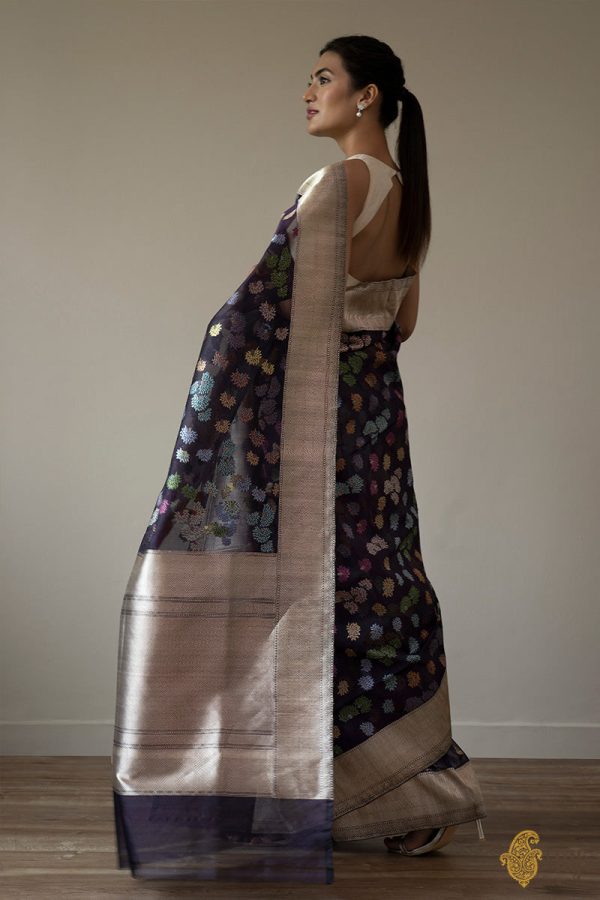 A Floral Treat  Deep Purple-Blue Pure Kora Silk Banarasi Handloom Saree For Discount