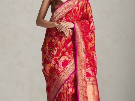 Red Pure Katan Silk Banarasi Handloom Saree Online now