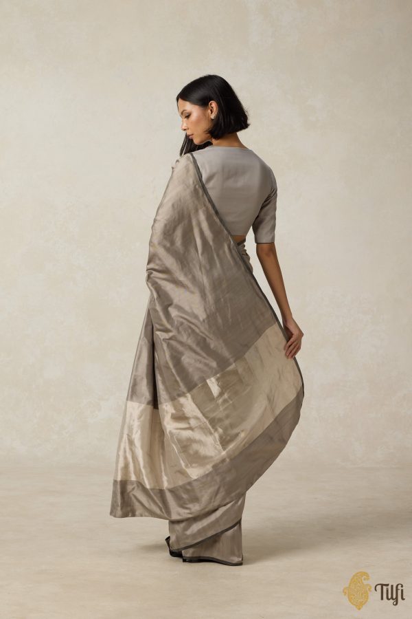 Symphony  Grey-Beige Pure Silk Twill Banarasi Handloom Saree For Sale