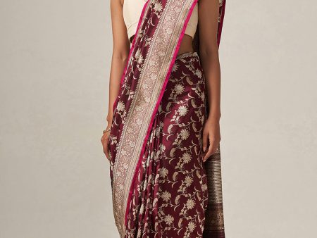 Ashwini  Burgundy Pure Katan Silk Banarasi Handloom Saree For Discount