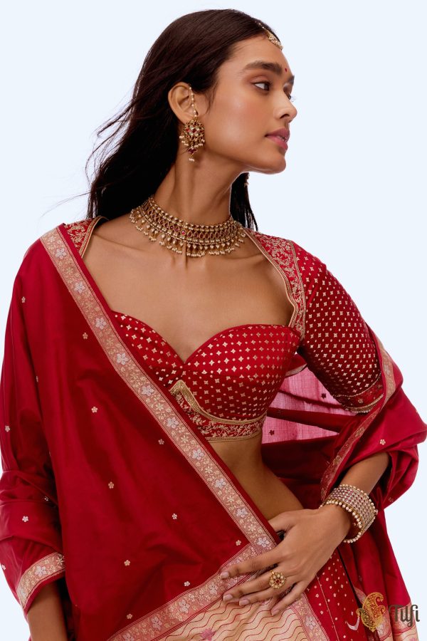 Anandvan  Red Pure Satin Silk Banarasi Handloom Lehenga Set Hot on Sale