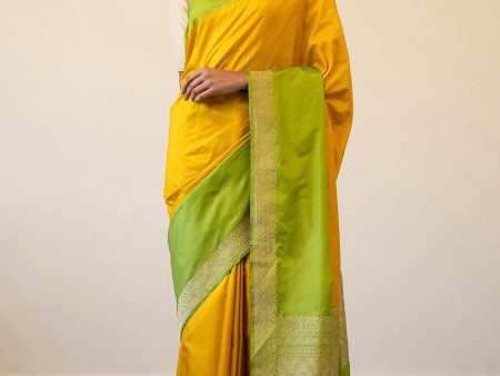 Yellow-Green Pure Katan Silk Banarasi Handloom Saree Sale